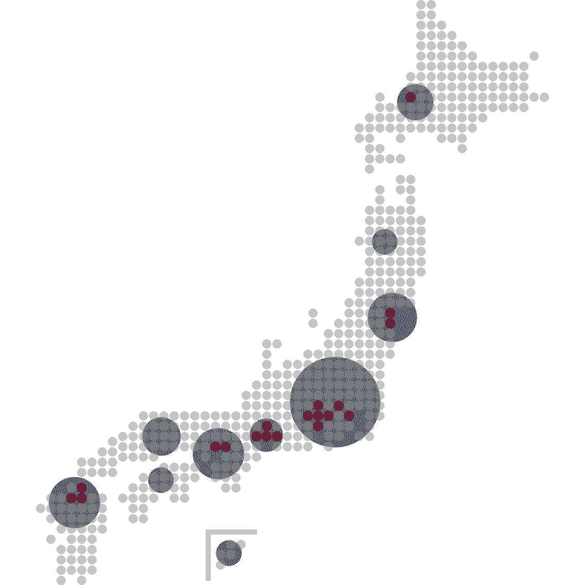 全国のサービス提供拠点を示す日本地図。紺色の円は派遣元企業、赤色の円は派遣先企業の拠点を表す